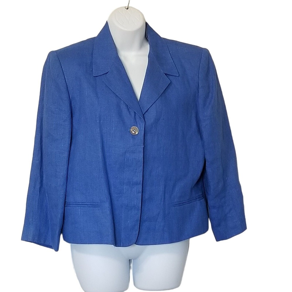 Y2K VTG Harve Benard Womens Linen Blazer 14 Blue Lined 4 button Cropped